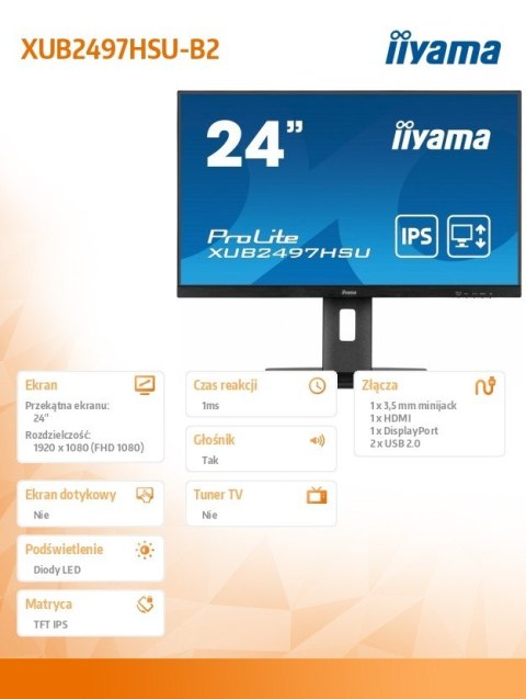 Monitor 24 cale XUB2497HSU-B2 IPS, HDMI, DP, 2x2W, 2xUSB, Pivot, HAS(150mm) /5y/ Monitor 24 cale XUB2497HSU-B2 IPS, HDMI, DP, 2x2W, 2xUSB, Pivot, HAS(150mm) /5y/