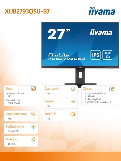 Monitor 27 cali XUB2793QSU-B7 IPS, QHD, HAS(150mm), 100Hz, 300cd Monitor 27 cali XUB2793QSU-B7 IPS, QHD, HAS(150mm), 100Hz, 300cd
