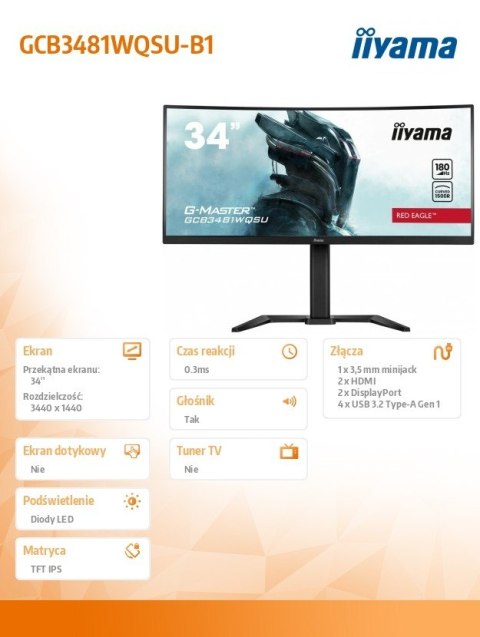 Monitor 34 cale GCB3481WQSU-B1 VA, UWQHD, 180HZ, 0.3ms, 500cd Monitor 34 cale GCB3481WQSU-B1 VA, UWQHD, 180HZ, 0.3ms, 500cd
