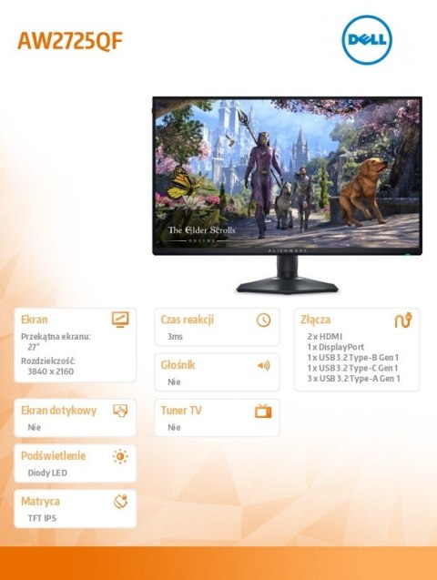 Monitor AW2725QF 27.0 cali NVIDIA G-Sync Compatible IPS Dual-Resolution/4K 180Hz/FHD 360Hz/16:9/DP/HDMI/USBC/USB/3Y Monitor AW2725QF 27.0 cali NVIDIA G-Sync Compatible IPS Dual-Resolution/4K 180Hz/FHD 360Hz/16:9/DP/HDMI/USBC/USB/3Y