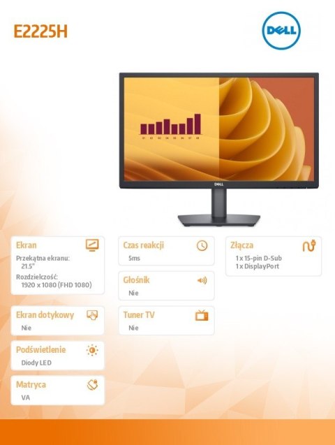 Monitor E2225H 21.5 cala LED VA 1920x1080/DP/VGA/3Y Monitor E2225H 21.5 cala LED VA 1920x1080/DP/VGA/3Y