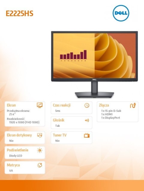 Monitor E2225HS 21.4 cala LED VA FHD/(1920x1080)/16:9/DP/HDMI/VGA/Głośniki/3Y Monitor E2225HS 21.4 cala LED VA FHD/(1920x1080)/16:9/DP/HDMI/VGA/Głośniki/3Y