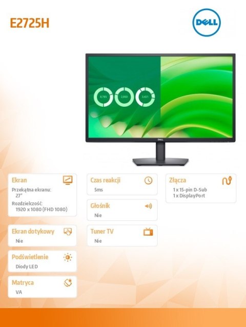 Monitor E2725H 27 cali VA LED FHD/(1920x1080)/16:9/DP/VGA/3Y Monitor E2725H 27 cali VA LED FHD/(1920x1080)/16:9/DP/VGA/3Y