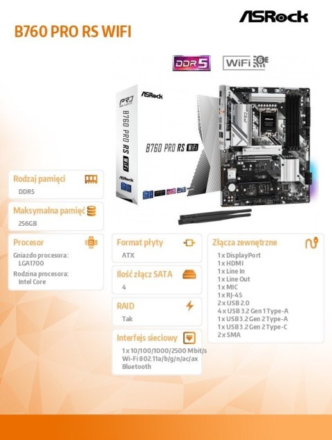 Płyta główna B760 Pro RS WIFI s1700 4DDR5 DP/HDMI M.2 ATX Płyta główna B760 Pro RS WIFI s1700 4DDR5 DP/HDMI M.2 ATX