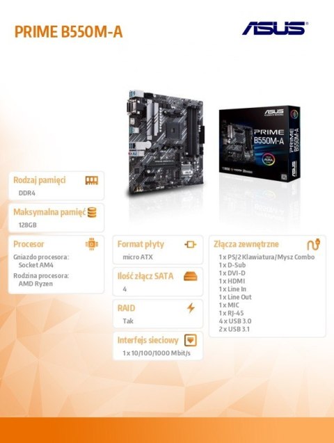 Płyta główna PRIME B550M-A AM4 4DDR4 DVI-D/HDMI M.2 mATX Płyta główna PRIME B550M-A AM4 4DDR4 DVI-D/HDMI M.2 mATX