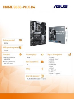 Płyta główna PRIME B660-PLUS D4 s1700 4DDR4 DP/HDMI M.2 ATX