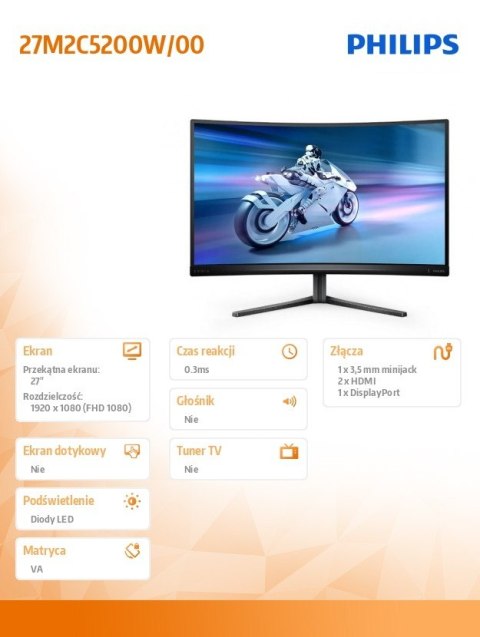 Monitor 27M2C5200W 27 cali Zakrzywiony VA 280Hz HDMIx2 DP HAS Monitor 27M2C5200W 27 cali Zakrzywiony VA 280Hz HDMIx2 DP HAS