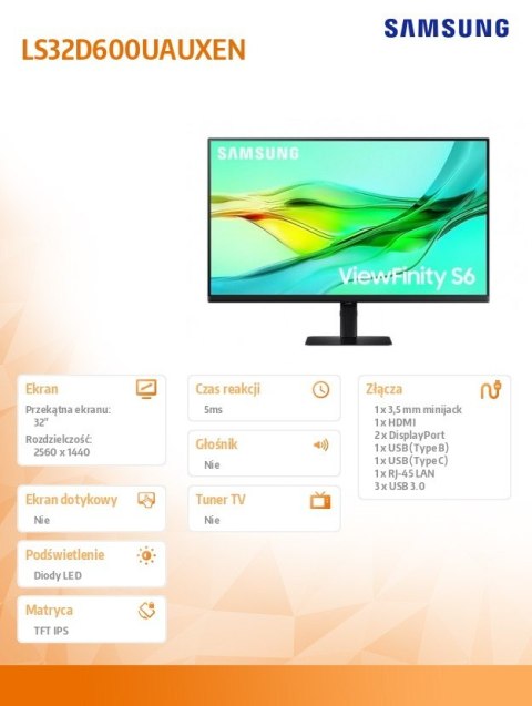 Monitor 32 cale ViewFinity S60UD IPS 2560x1440 WQHD 16:9 1xHDMI 2xDP(In+Out) 1xUSB-C 90W 3xUSB 3.0 LAN KVM 5ms PinP/PbyP 100Hz H Monitor 32 cale ViewFinity S60UD IPS 2560x1440 WQHD 16:9 1xHDMI 2xDP(In+Out) 1xUSB-C 90W 3xUSB 3.0 LAN KVM 5ms PinP/PbyP 100Hz H