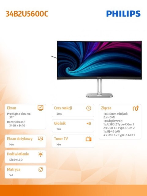 Monitor 34B2U5600C 34 cale Curved VA HDMIx2 DP HAS USB-C Głośniki Monitor 34B2U5600C 34 cale Curved VA HDMIx2 DP HAS USB-C Głośniki
