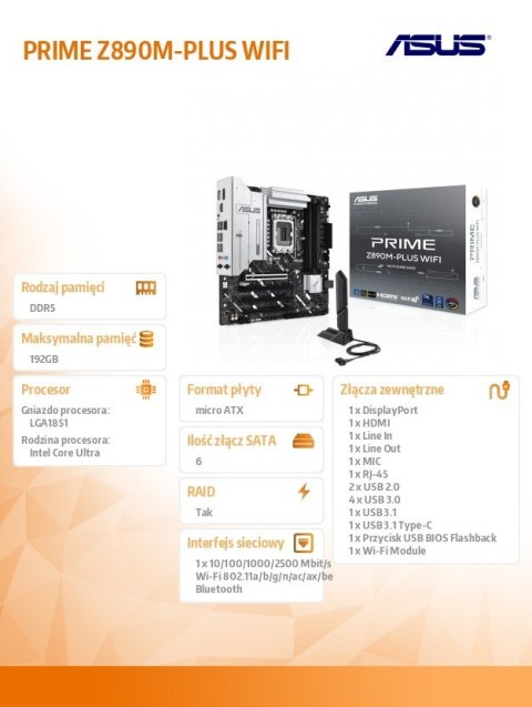 Płyta główna PRIME Z890M-PLUS WIFI S 1851 4DDR5 TB4/DP mATX /90MB1J80-M0EAY0 Płyta główna PRIME Z890M-PLUS WIFI S 1851 4DDR5 TB4/DP mATX /90MB1J80-M0EAY0