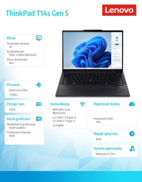 Ultrabook ThinkPad T14s G5 21LS002VPB W11Pro Ultra 7 155U/32GB/1TB/INT/14.0 WUXGA/Black/3YRS Premier Support + CO2 Offset Ultrabook ThinkPad T14s G5 21LS002VPB W11Pro Ultra 7 155U/32GB/1TB/INT/14.0 WUXGA/Black/3YRS Premier Support + CO2 Offset