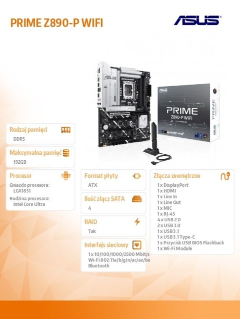 Płyta główna PRIME Z890-P WIFI S1851 4DDR5 HDMI/DP/TB4 ATX /90MB1I70-M0EAY0 Płyta główna PRIME Z890-P WIFI S1851 4DDR5 HDMI/DP/TB4 ATX /90MB1I70-M0EAY0