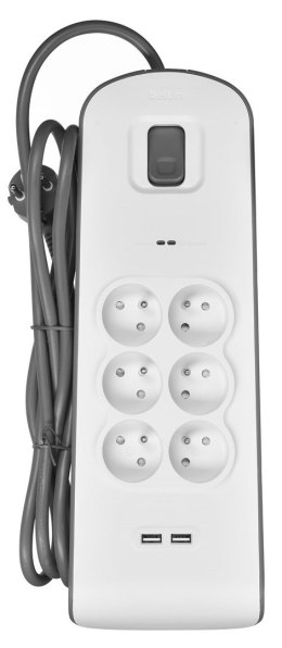 Listwa zasilająca Belkin Power Surge 6-PORT + 2xUSB-A 2.4A 650J 2m Grey/White