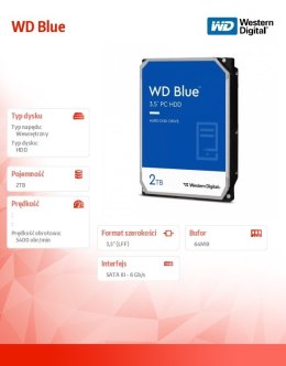 Dysk twardy WD Blue 2TB 3,5 64MB SATAIII 5400 RPM