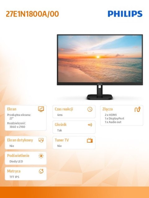 Monitor 27E1N1800A 27 cali IPS 4K HDMIx2 DP Głośniki Monitor 27E1N1800A 27 cali IPS 4K HDMIx2 DP Głośniki