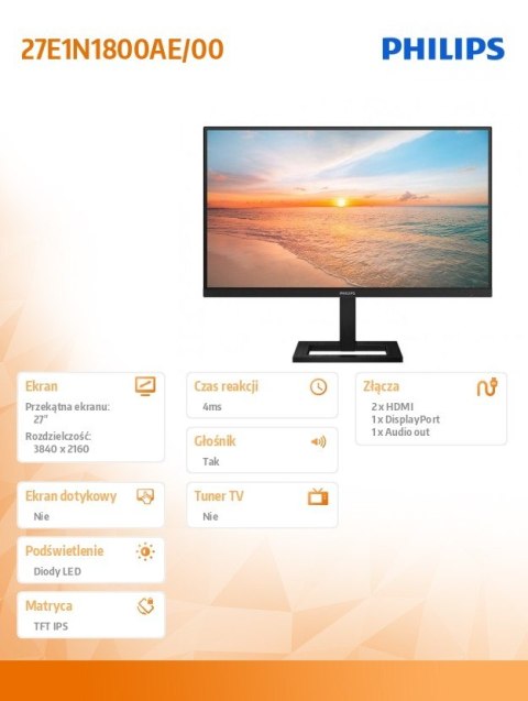 Monitor 27E1N1800AE 27 cali IPS 4K HDMIx2 DP HAS Głośniki Monitor 27E1N1800AE 27 cali IPS 4K HDMIx2 DP HAS Głośniki
