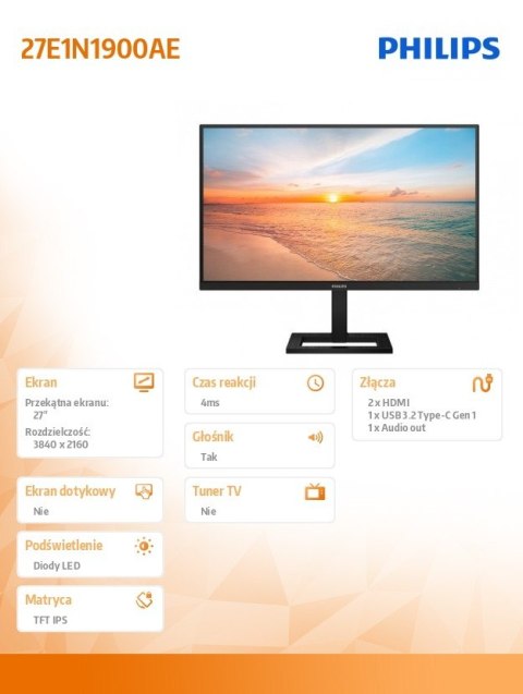 Monitor 27E1N1900AE 27 cali IPS 4K HDMIx2 USB-C HAS Głośniki Monitor 27E1N1900AE 27 cali IPS 4K HDMIx2 USB-C HAS Głośniki