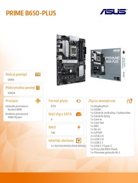 Płyta główna PRIME B650-PLUS AM5 4DDR5 HDMI/DP ATX Płyta główna PRIME B650-PLUS AM5 4DDR5 HDMI/DP ATX