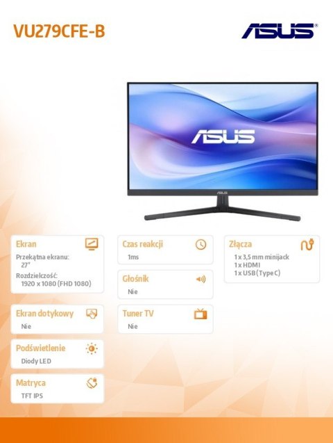 Monitor 27 cali VU279CFE-B IPS 100Hz HDMI USB-C 250cd/m2 1MS Monitor 27 cali VU279CFE-B IPS 100Hz HDMI USB-C 250cd/m2 1MS