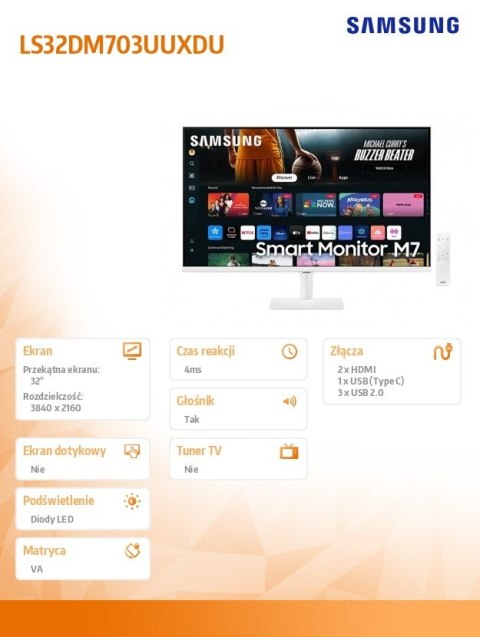 Monitor 32 cale SMART M70D VA 3840x2160 UHD 16:9 2xHDMI 3xUSB 2.0 1xUSB-C (65W) 4ms 60Hz WiFi/BT głośniki płaski biały 2Yd2d Monitor 32 cale SMART M70D VA 3840x2160 UHD 16:9 2xHDMI 3xUSB 2.0 1xUSB-C (65W) 4ms 60Hz WiFi/BT głośniki płaski biały 2Yd2d