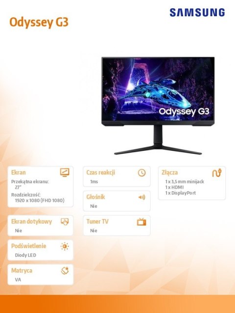 Monitor gamingowy Odyssey G3 27 cali LS27DG300EUXEN Monitor gamingowy Odyssey G3 27 cali LS27DG300EUXEN