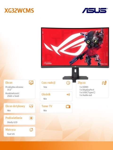 Monitor 32 cale XG32WCMS ROG 280Hz HDMI DP USB-C Monitor 32 cale XG32WCMS ROG 280Hz HDMI DP USB-C