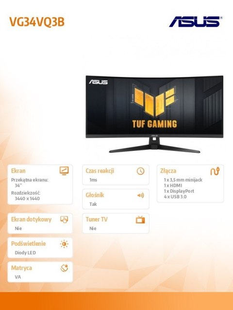 Monitor 34 cale VG34VQ3B WQHD 180Hz DP HDMI TUF 1500R Monitor 34 cale VG34VQ3B WQHD 180Hz DP HDMI TUF 1500R