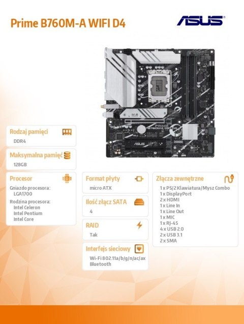 Płyta główna Prime B760M-A WIFI D4 s1700 4DDR4 HDMI mATX Płyta główna Prime B760M-A WIFI D4 s1700 4DDR4 HDMI mATX