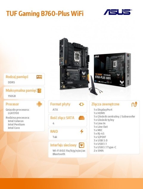 Płyta główna TUF Gaming B760-PLUS WIFI s1700 4DDR5 ATX Płyta główna TUF Gaming B760-PLUS WIFI s1700 4DDR5 ATX
