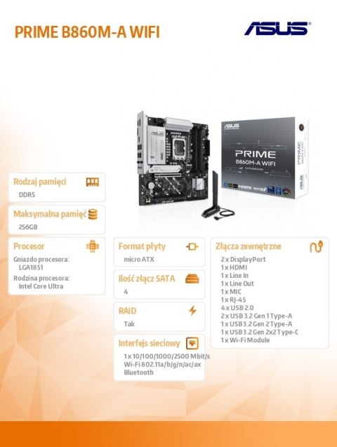 Płyta główna PRIME B860M-A WIFI s1851 XDDR5 USBC mATX Płyta główna PRIME B860M-A WIFI s1851 XDDR5 USBC mATX