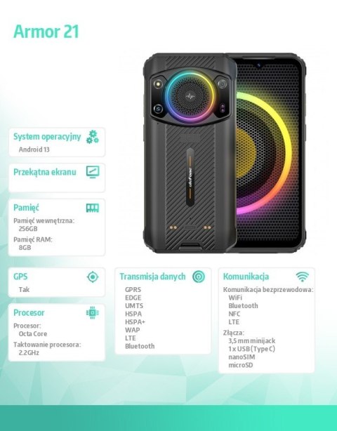 Smartfon Armor 21 4G 8/256GB IP69K głośnik 122dB RGB Czarny Smartfon Armor 21 4G 8/256GB IP69K głośnik 122dB RGB Czarny