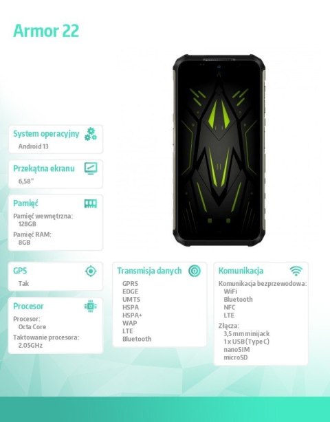 Smartfon Armor 22 4G 8/256GB IP69K Zielony Smartfon Armor 22 4G 8/256GB IP69K Zielony